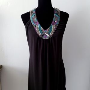 BCX Black Midi Dress with Beaded Teal & Purple Neckline